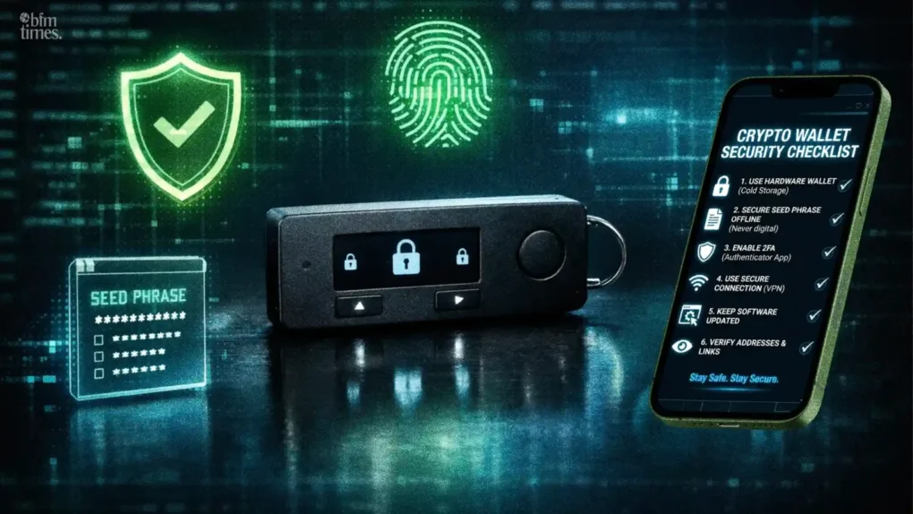 Crypto wallet security checklist showing hardware wallet, seed phrase protection, and secure authentication on mobile device