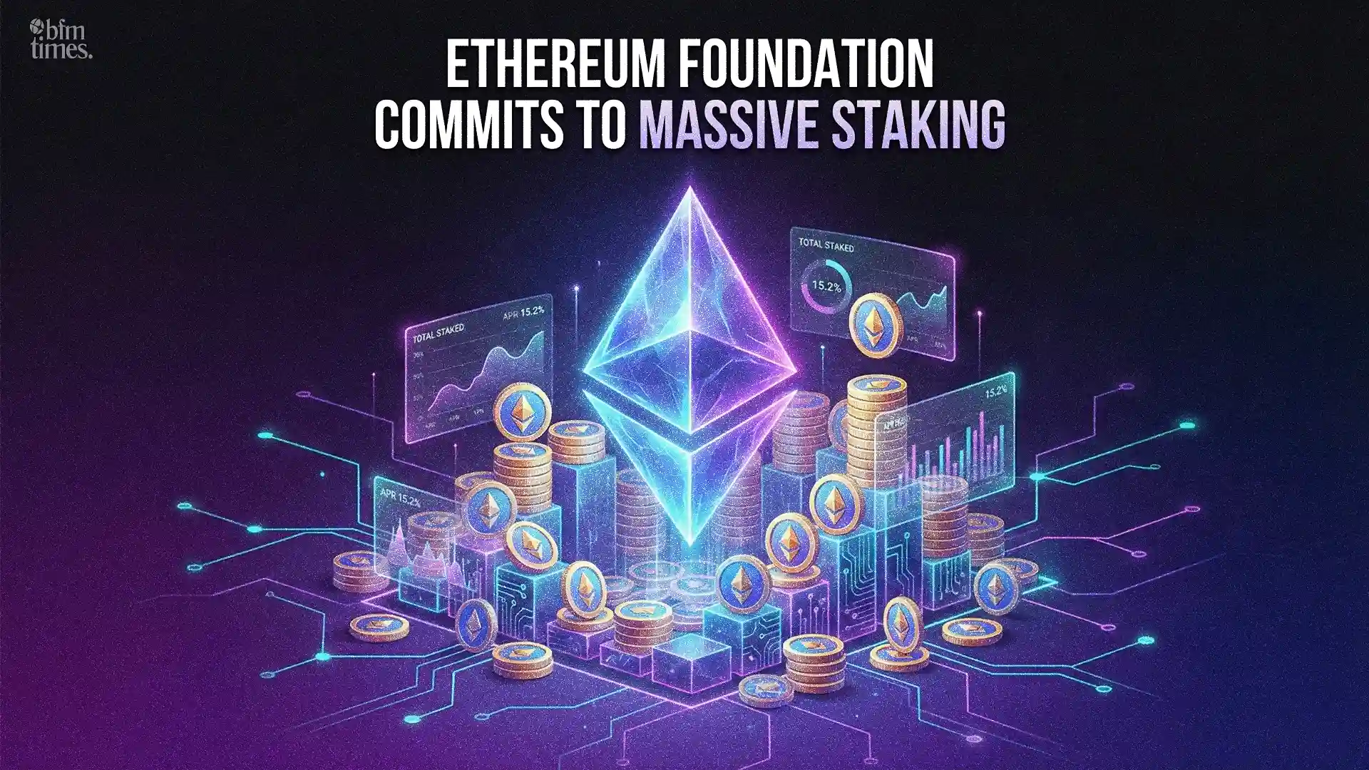 Ethereum Foundation Staking illustration showing ETH validator infrastructure, treasury staking, and Proof of Stake yield generation