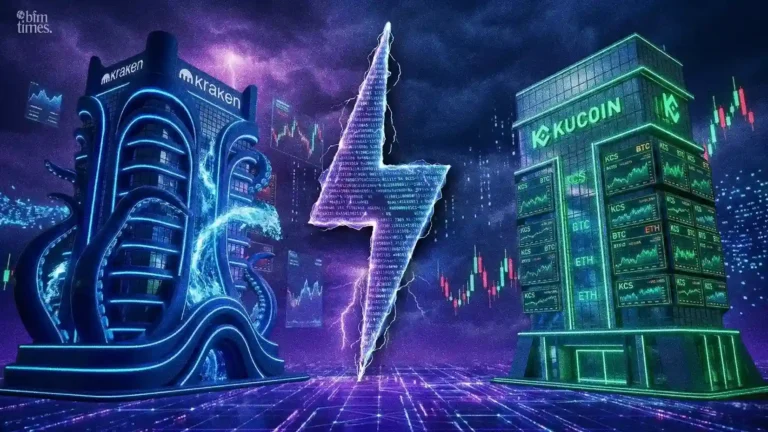Kraken vs KuCoin crypto exchange comparison showing security-focused Kraken building versus feature-rich KuCoin trading platform with charts and lightning divider