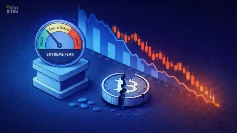 Crypto Fear and Greed Index showing extreme fear level with falling Bitcoin price chart and broken BTC coin symbolizing market capitulation