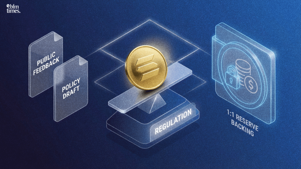 GENIUS Act Stablecoin Rules illustration showing OCC regulation, public feedback process, and 1:1 reserve backing for payment stablecoins