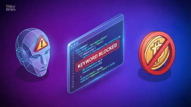 OpenClaw AI Scam illustration showing AI face, blocked keyword warning, and Bitcoin symbol crossed out representing crypto ban and security controversy