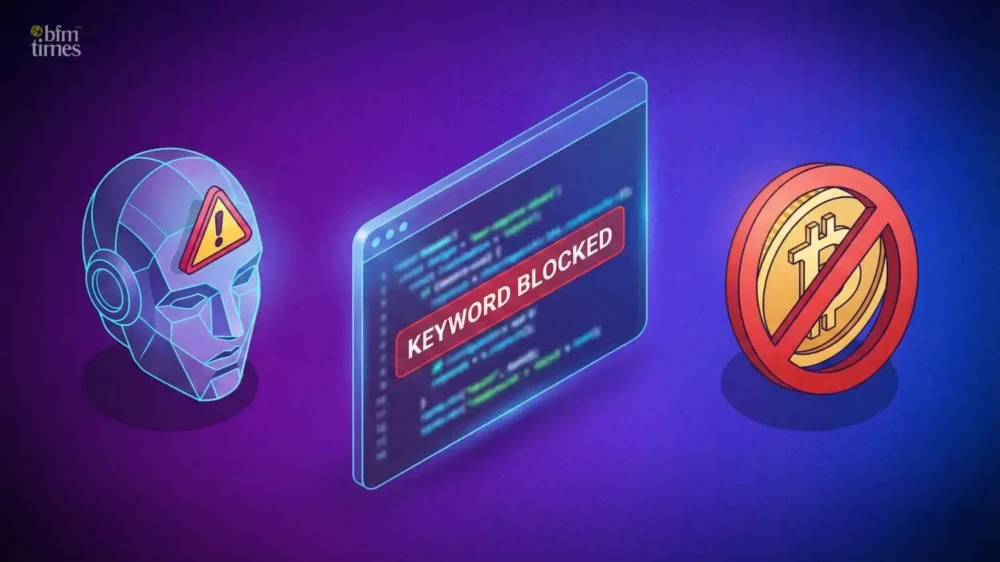 OpenClaw AI Scam illustration showing AI face, blocked keyword warning, and Bitcoin symbol crossed out representing crypto ban and security controversy