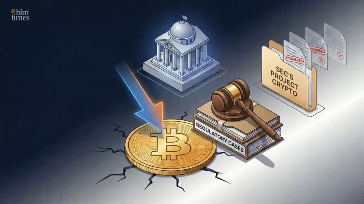 SEC Project Crypto illustration showing Bitcoin under regulatory shift, SEC building, dismissed crypto cases, and new structured crypto regulation framework.