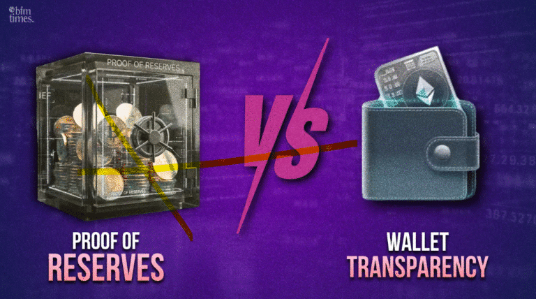 Proof of reserves vs wallet transparency comparison showing crypto exchange reserve vault and transparent crypto wallet on blockchain