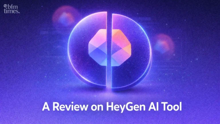 HeyGen AI Review cover image showing AI avatar generator logo with futuristic purple digital background