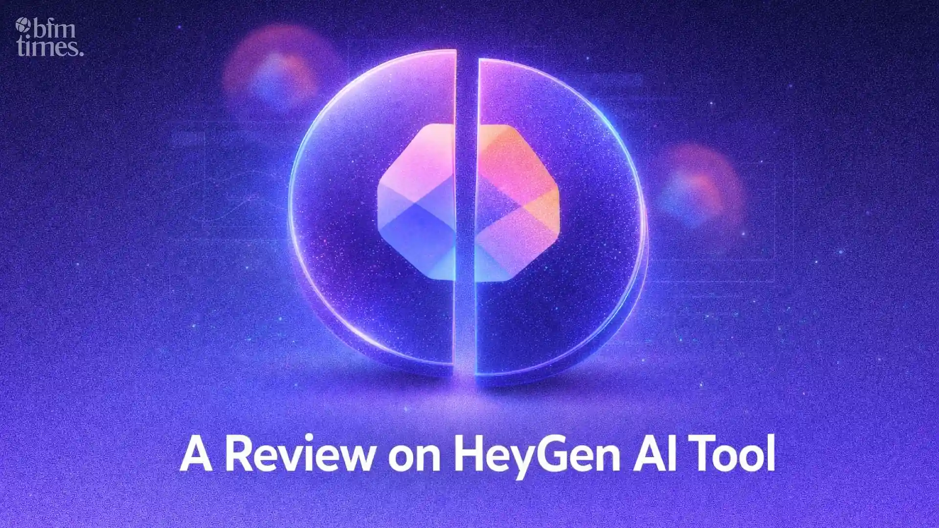 HeyGen AI Review cover image showing AI avatar generator logo with futuristic purple digital background