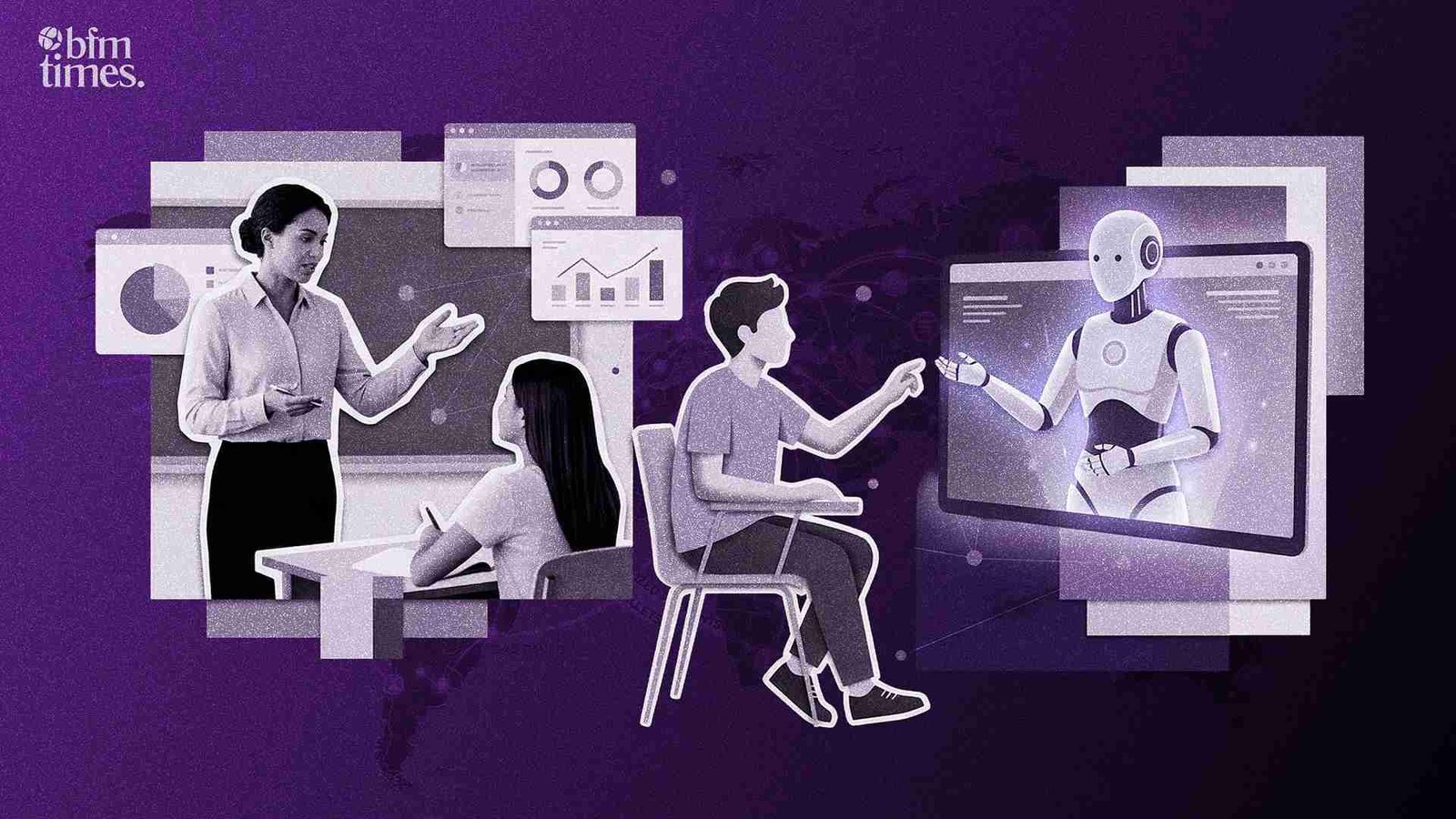 AI tutors vs human teachers comparison showing digital AI learning and traditional classroom teaching
