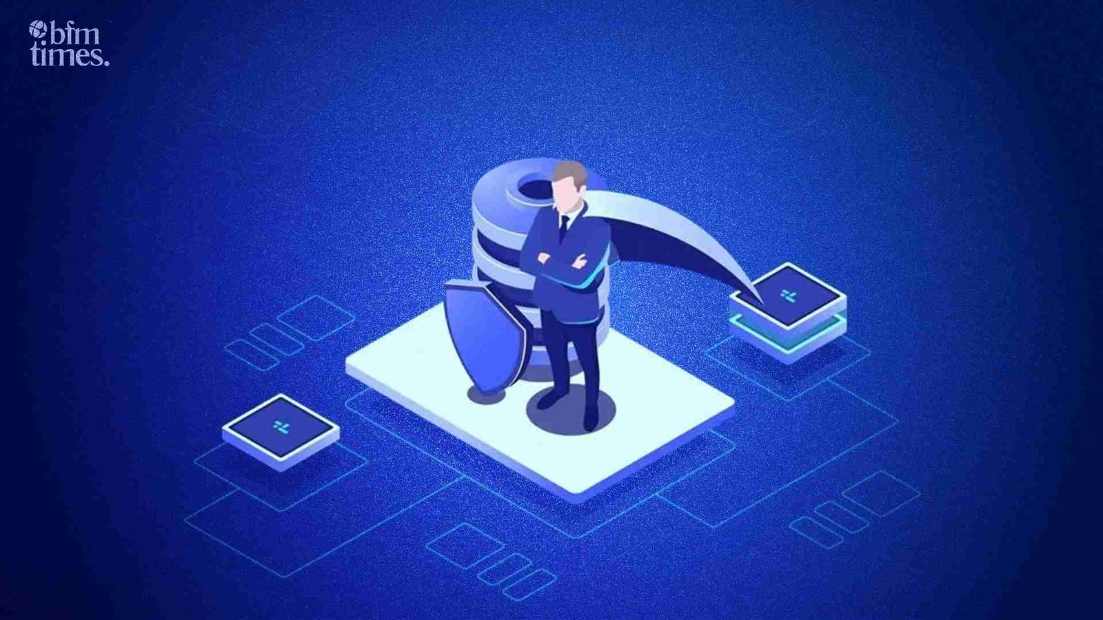 AI insurance illustration showing automated data processing, digital risk assessment, and claims protection system