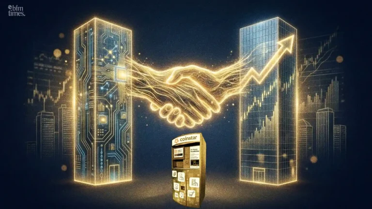 Coinstar sale illustration showing handshake between Apollo Global Management and ASRC with Coinstar kiosk and rising growth chart