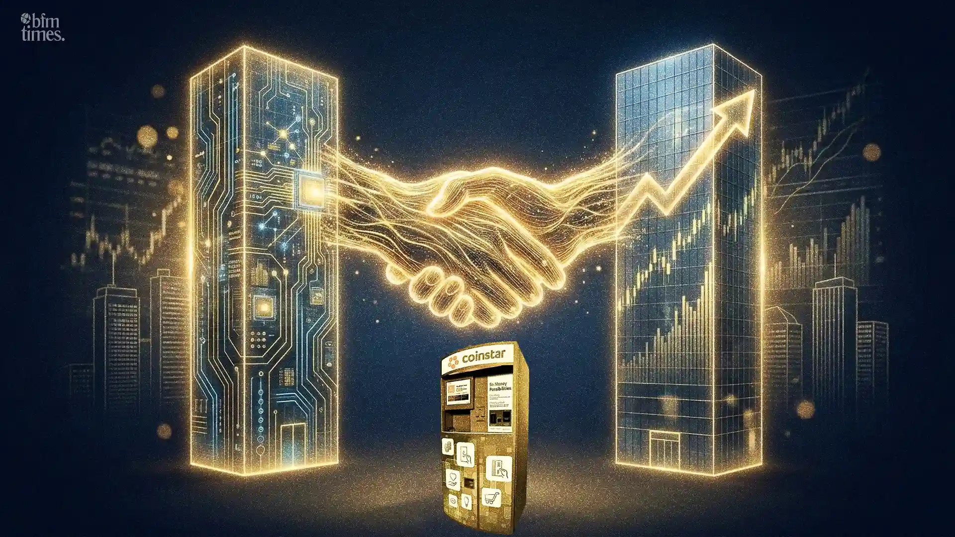 Coinstar sale illustration showing handshake between Apollo Global Management and ASRC with Coinstar kiosk and rising growth chart