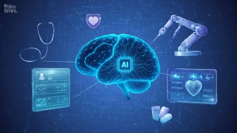 AI applications in healthcare showing brain AI system with medical diagnostics, robotic surgery, and digital health monitoring