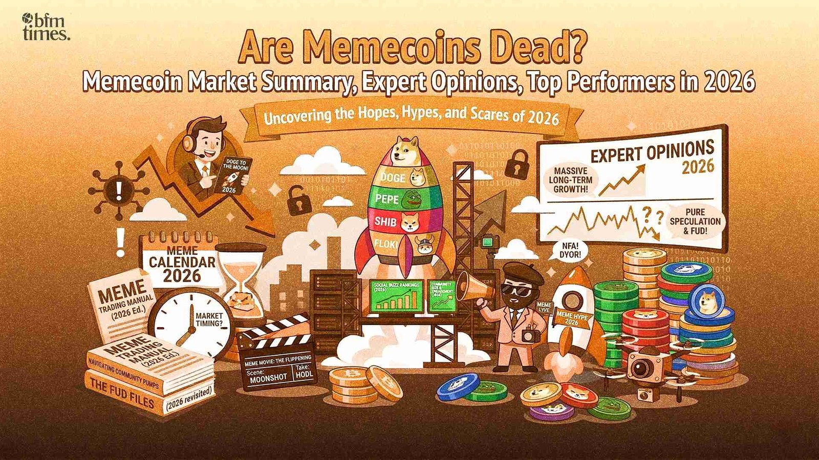Memecoins market 2026 showing DOGE, SHIB, PEPE with expert opinions and crypto market trends
