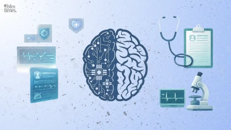 AI vs traditional healthcare concept showing artificial intelligence brain compared with traditional medical tools and diagnostics