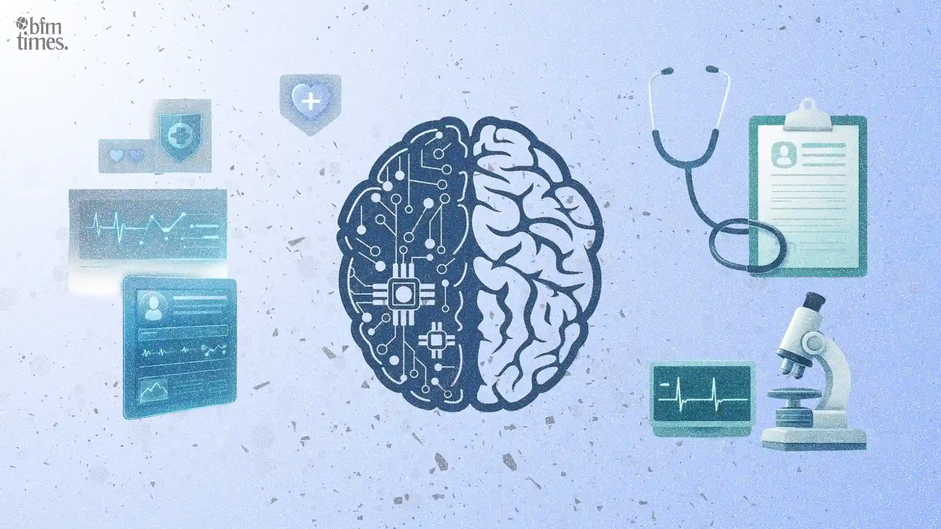 AI vs traditional healthcare concept showing artificial intelligence brain compared with traditional medical tools and diagnostics