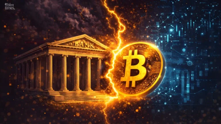 Banks vs crypto concept showing traditional bank building facing Bitcoin with digital network background