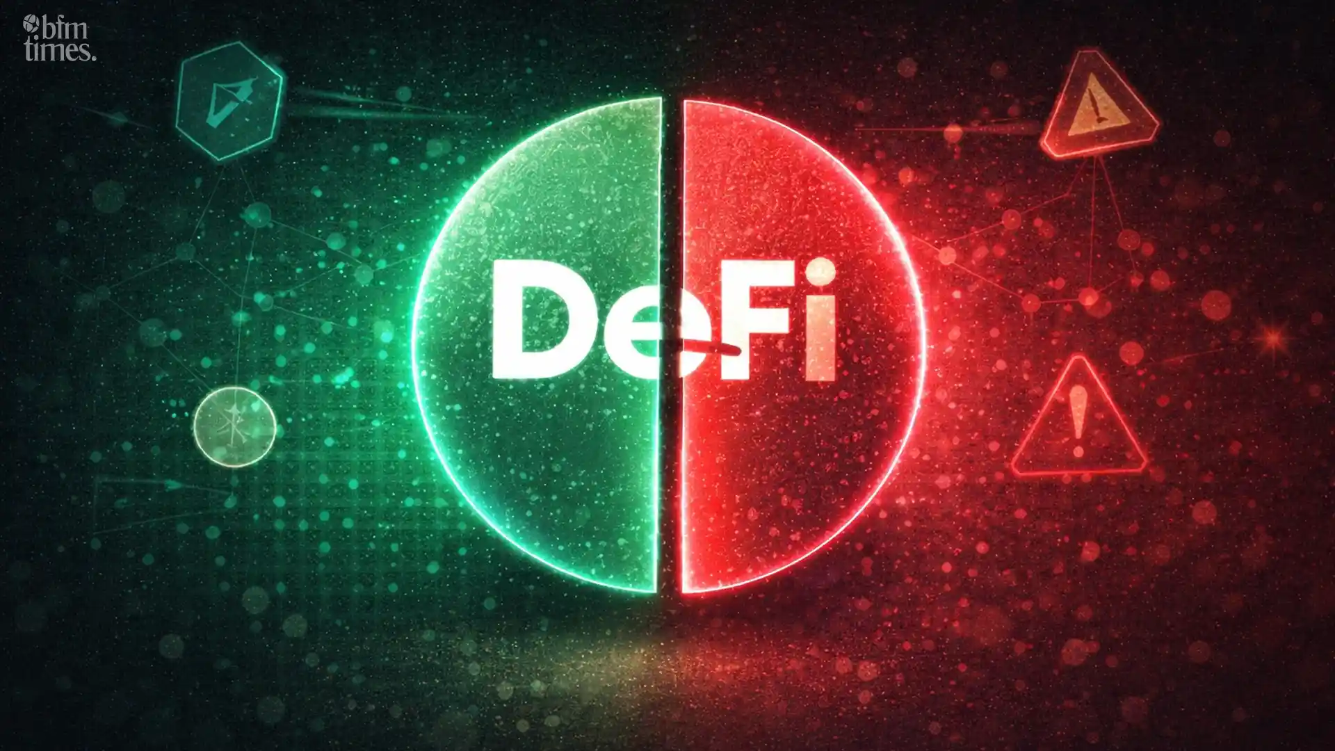 Benefits and Risks of Decentralized Finance concept showing DeFi split between advantages and risks with blockchain network background