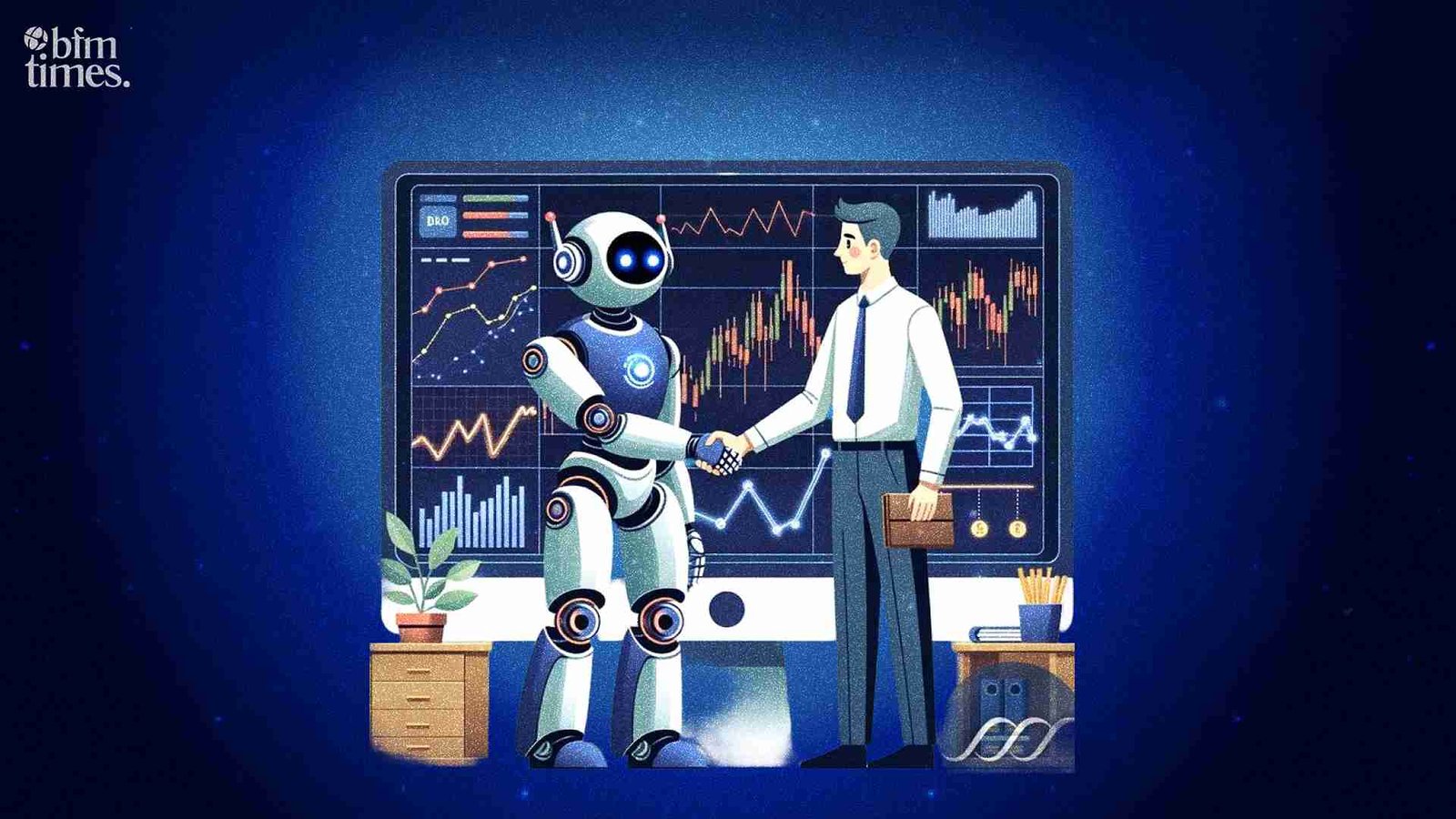 AI investment platforms in India showing robo-advisor assisting investor with stock market analysis
