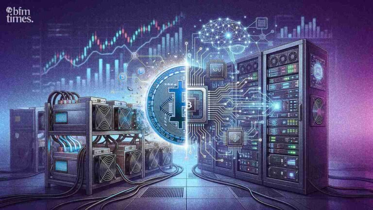 Bitcoin miner AI shift showing mining rigs transitioning into AI data center infrastructure impacting BTC supply