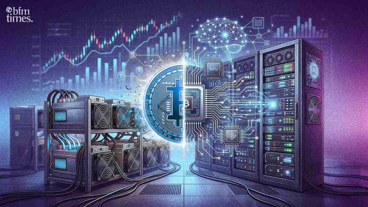 Bitcoin miner AI shift showing mining rigs transitioning into AI data center infrastructure impacting BTC supply