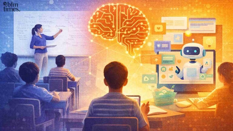 AI in education transforming traditional classrooms with human teacher and AI tutor comparison