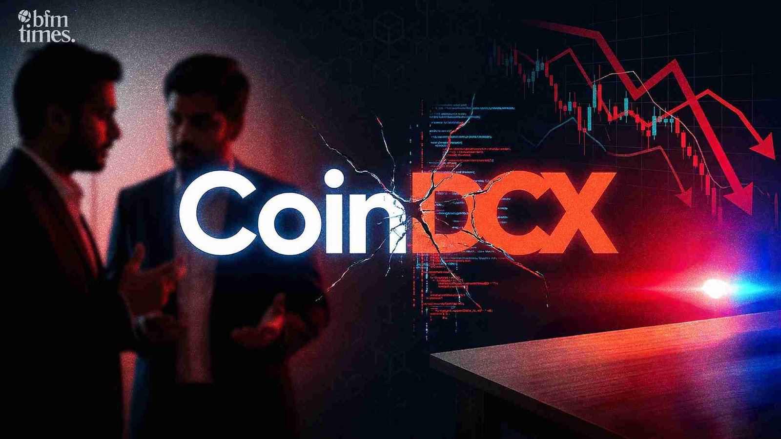 CoinDCX founders arrested news visual showing crypto fraud allegations and market decline trend