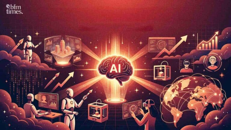 Future of generative AI visualization showing global AI networks, automation, and industry transformation