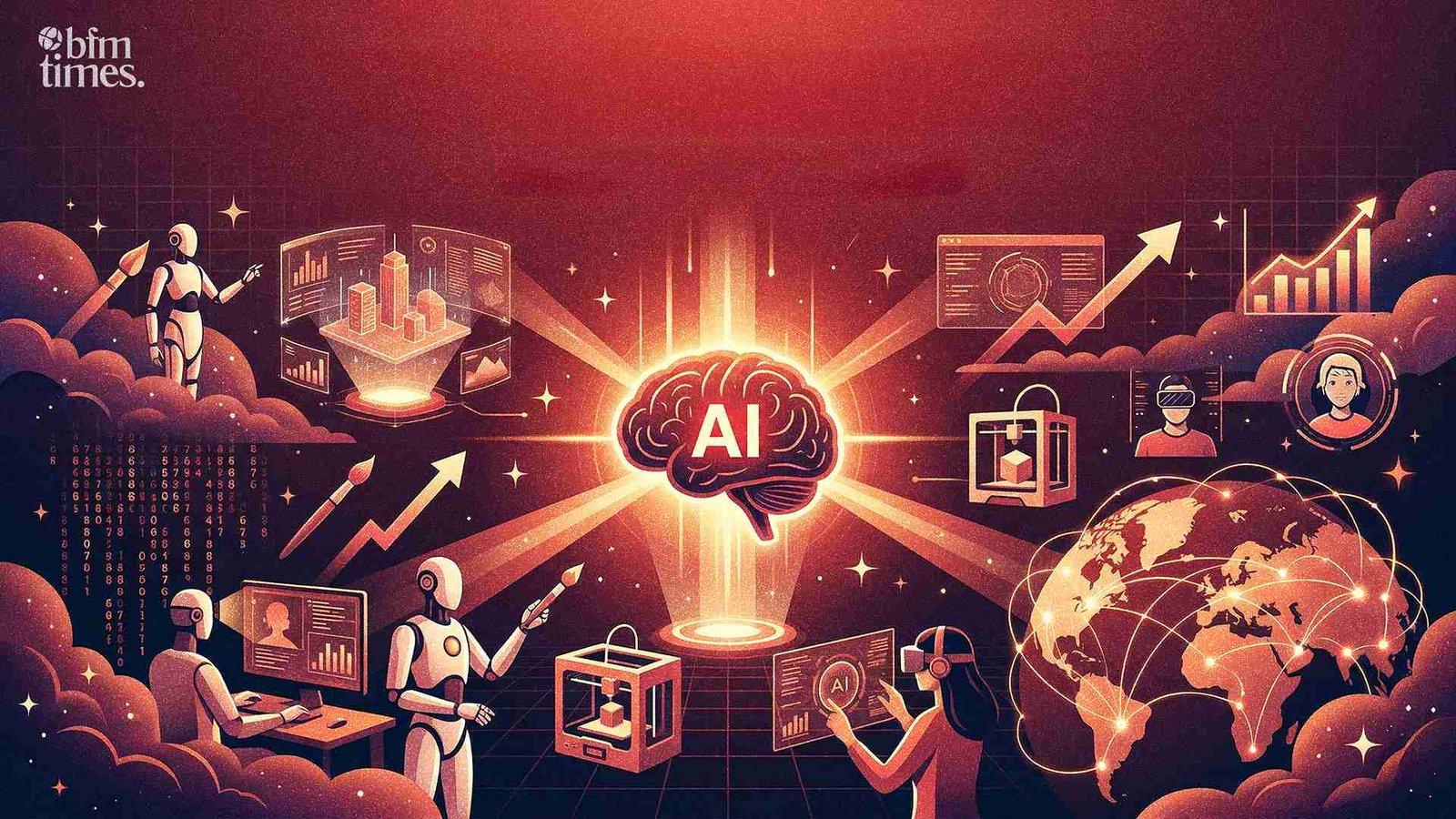 Future of generative AI visualization showing global AI networks, automation, and industry transformation