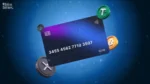 Buy cryptocurrency with credit card illustration showing Bitcoin, Ethereum, XRP and Tether around a digital payment card