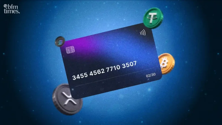 Buy cryptocurrency with credit card illustration showing Bitcoin, Ethereum, XRP and Tether around a digital payment card