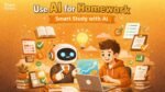 AI for homework illustration showing a student using AI tools for assignments and smart study