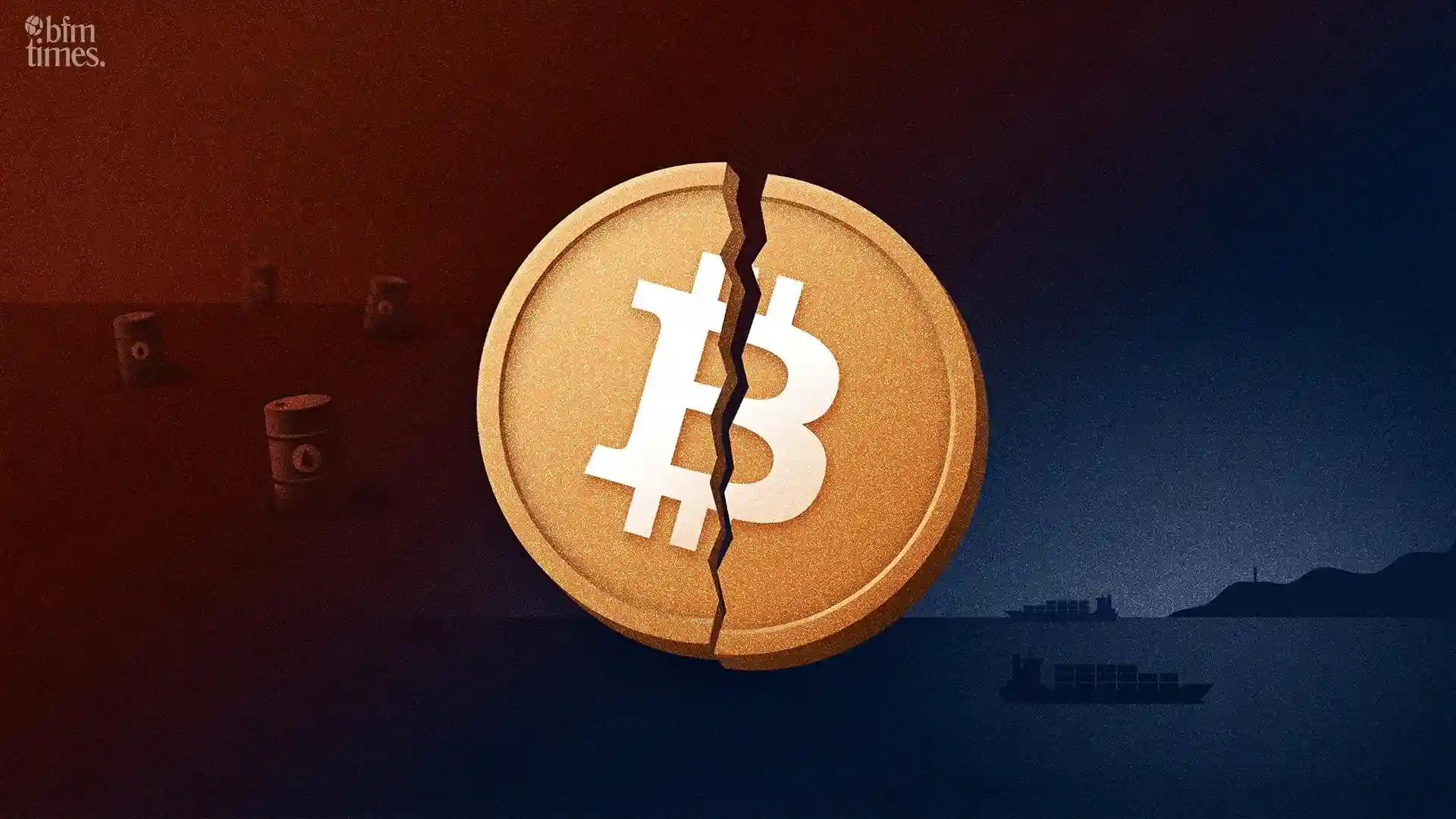 Bitcoin geopolitical hedge concept illustrated with a cracked Bitcoin coin amid oil market tension and global shipping disruption.
