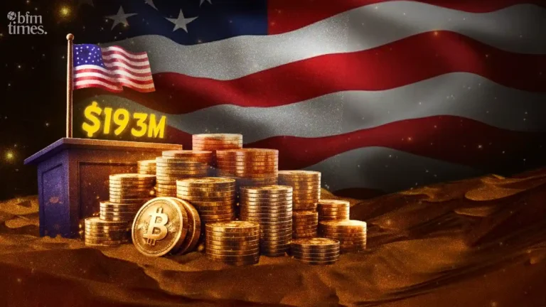 Fairshake PAC 2026 illustration showing $193M in crypto political donations with U.S. flag and bitcoin symbol