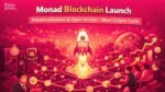 Monad blockchain launch illustration showing decentralization, open access, and crypto growth trends