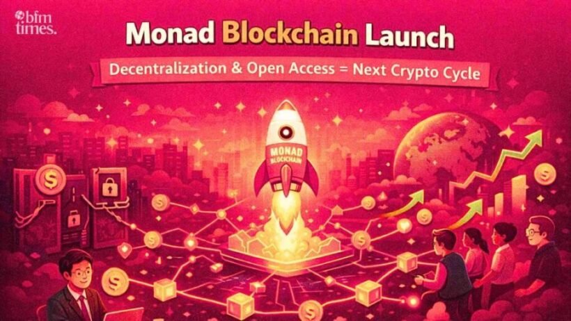 Monad blockchain launch illustration showing decentralization, open access, and crypto growth trends