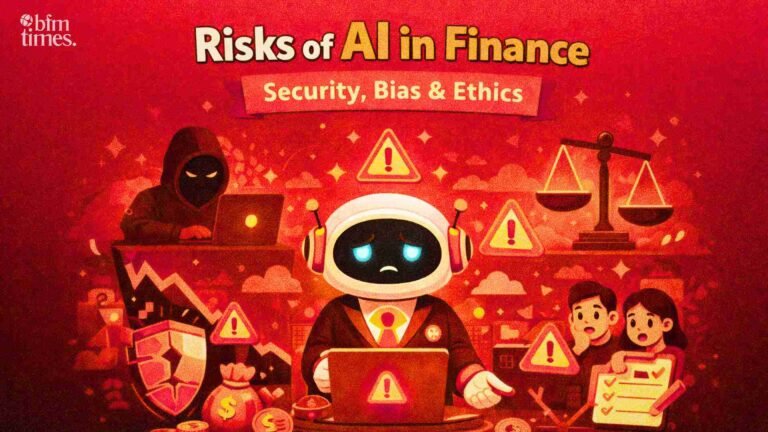 Risks of AI in finance illustration showing security threats, bias issues, and ethical concerns in banking systems