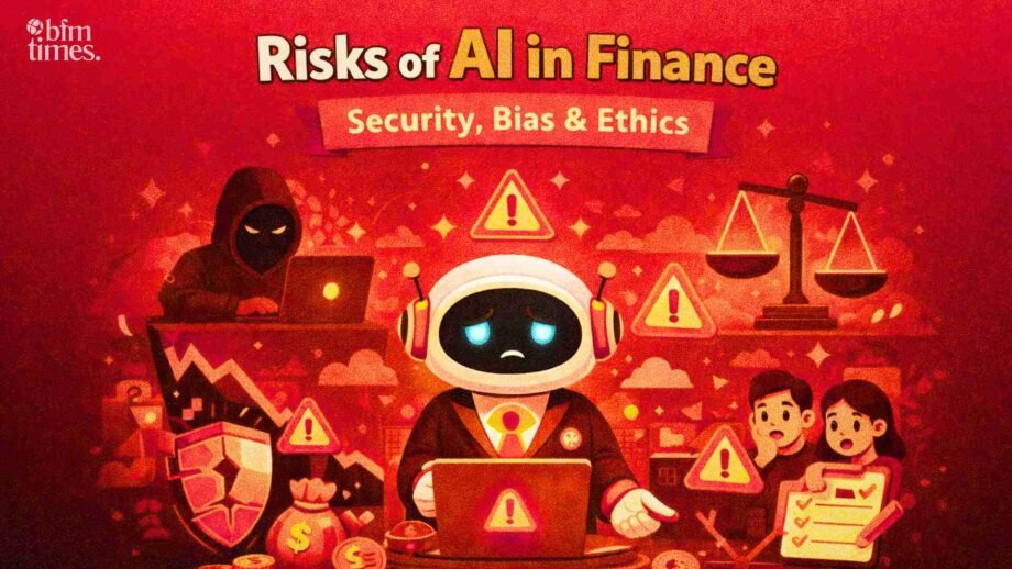 Risks of AI in finance illustration showing security threats, bias issues, and ethical concerns in banking systems
