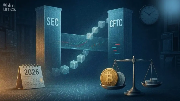 SEC and CFTC coordinate new crypto regulation framework in 2026 showing blockchain bridge between regulators
