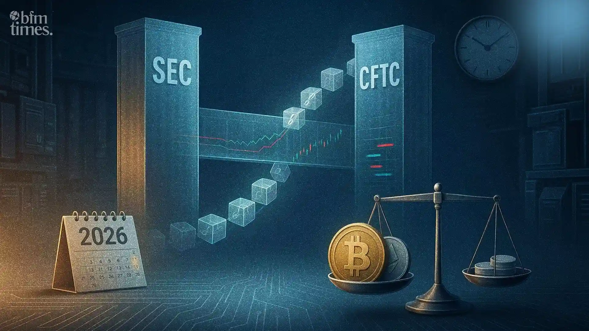SEC and CFTC coordinate new crypto regulation framework in 2026 showing blockchain bridge between regulators
