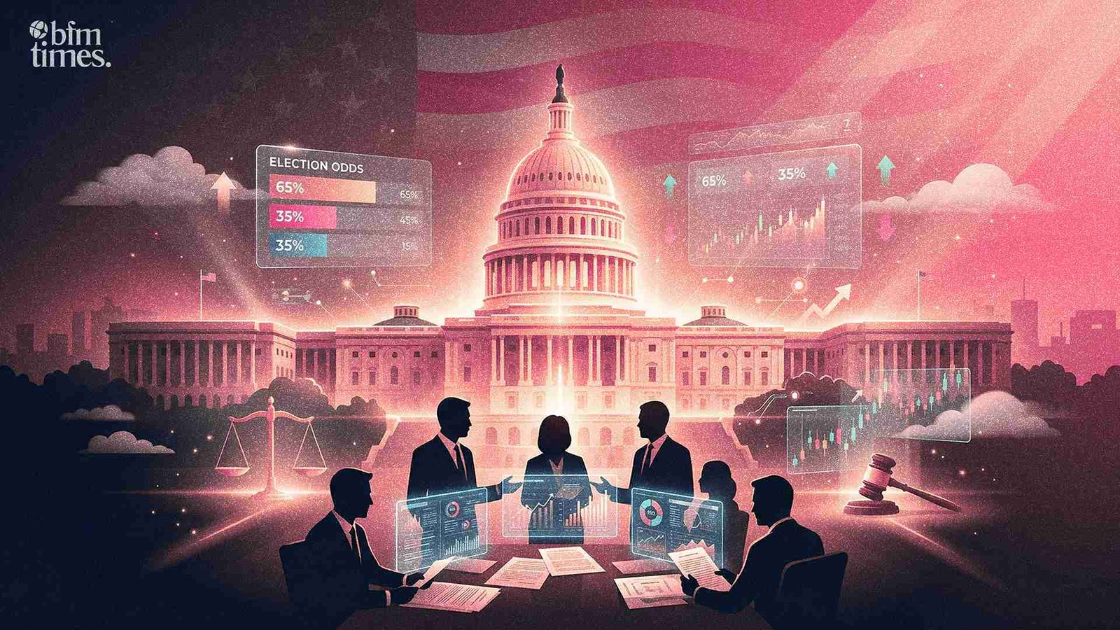 US Congress regulating Political Prediction Trading with Capitol building and digital market charts