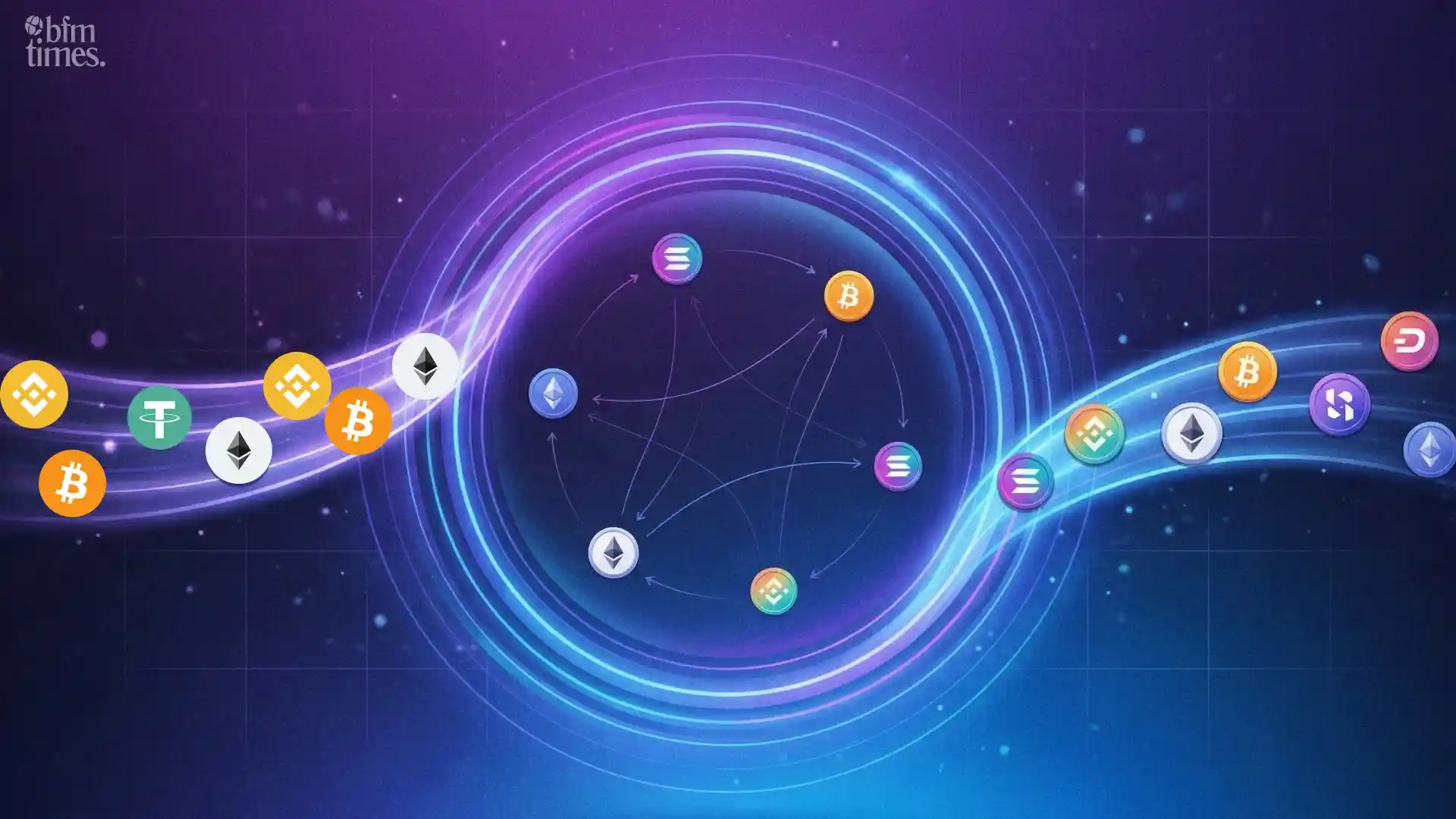 Automated Market Makers (AMMs) concept showing crypto tokens moving through liquidity pools in DeFi trading