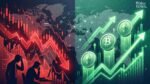 Crypto Market Decoupling visual showing stock market crash in red and rising Bitcoin and Ethereum prices in green