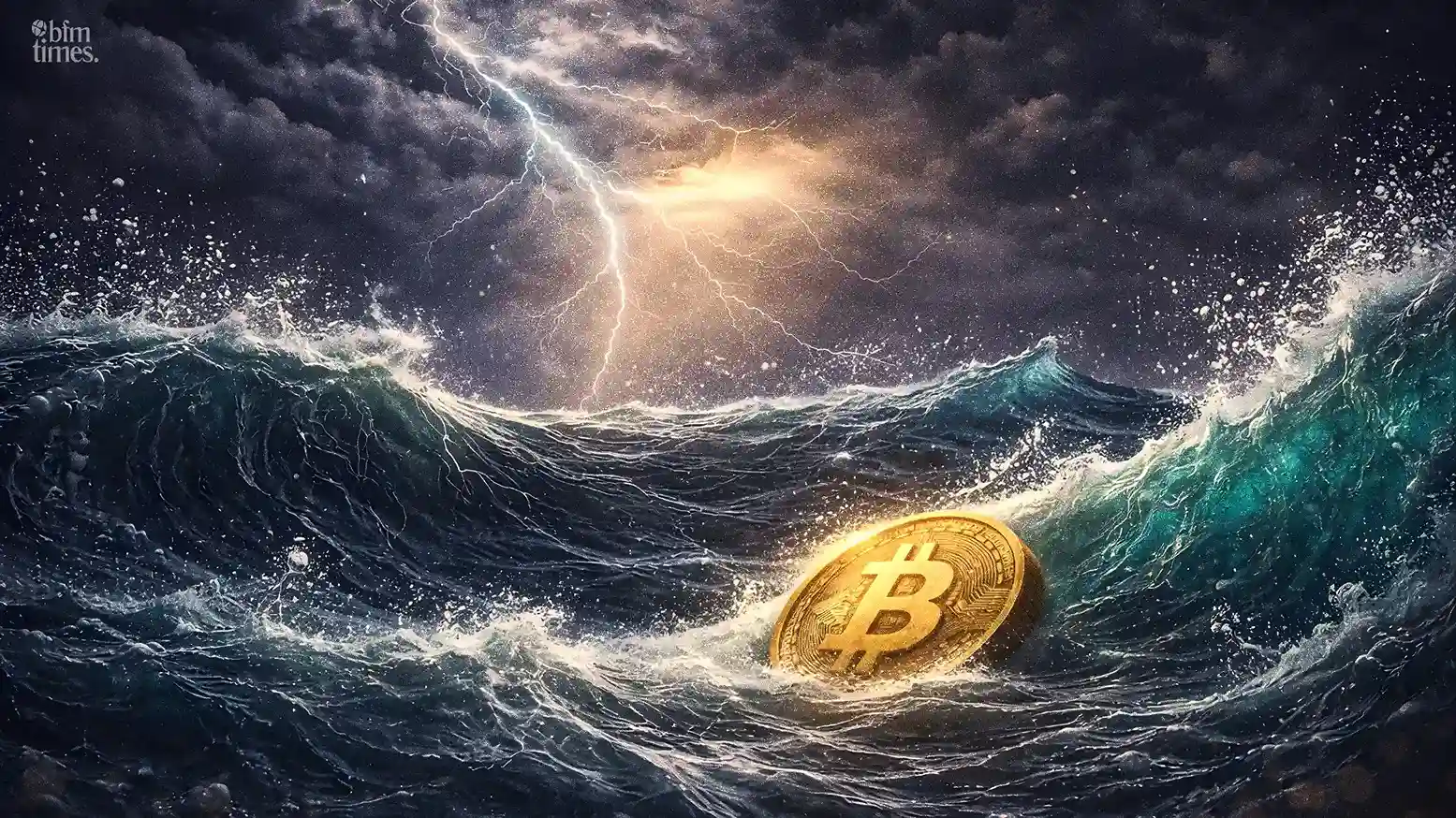 February 2026 market selloff illustration showing traditional bank building split against Bitcoin symbol during financial volatility