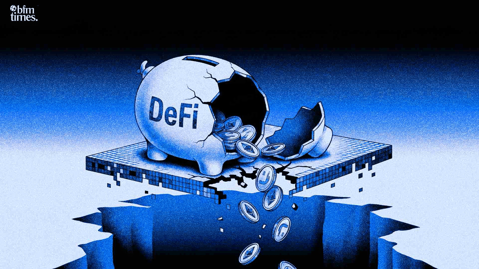 Broken piggy bank with DeFi coins