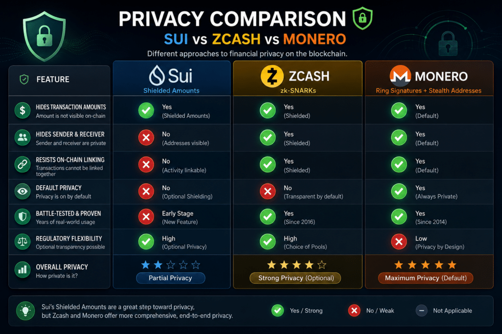 Privacy Comparison of SUI, ZCash and Monero
